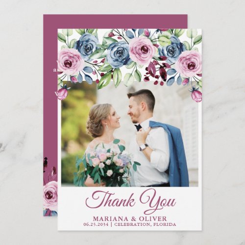 Wedding Photo Thank You Card Navy Blue Wine Floral