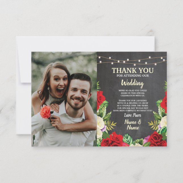 Wedding Photo Thank You Card Red Roses Chalk Cards (Front)