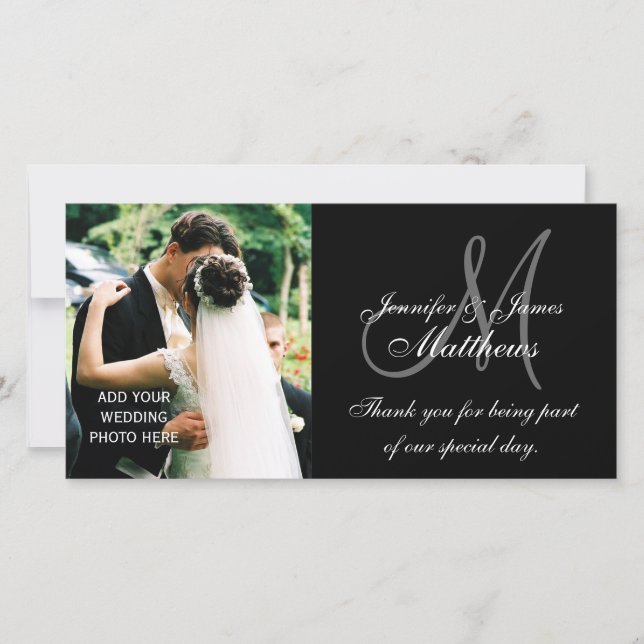 Wedding Photo Thank You Cards with Monogram Black (Front)