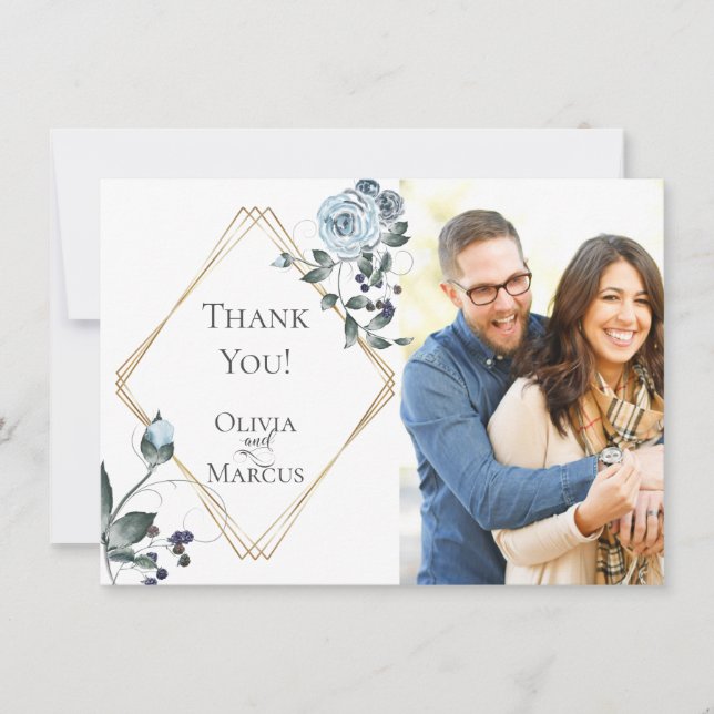 Wedding Photo Thank You  |  Dusty Blue Floral Card (Front)