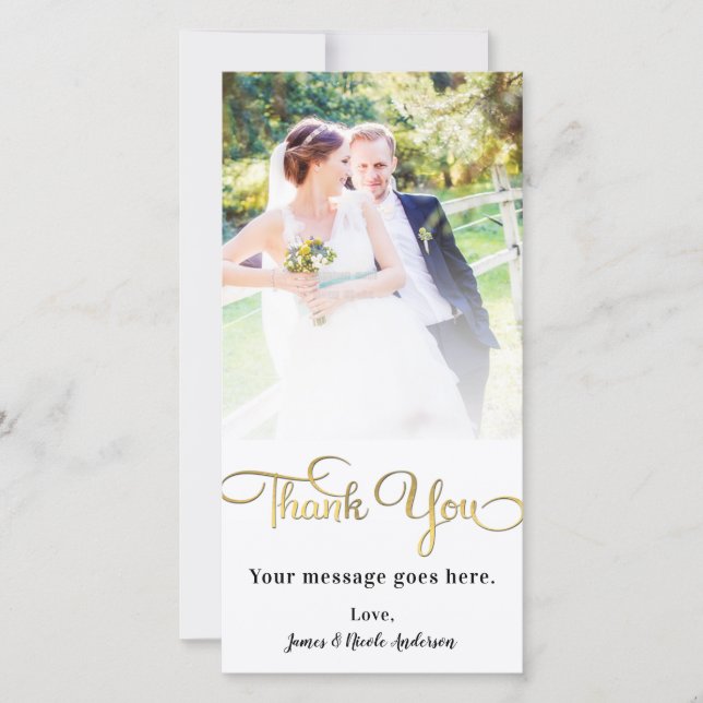 Wedding Photo Thank You Shiny Faux Gold Foil Card (Front)