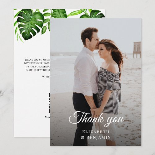 Wedding Photo Thank you Tropical Greenery QR Code Card