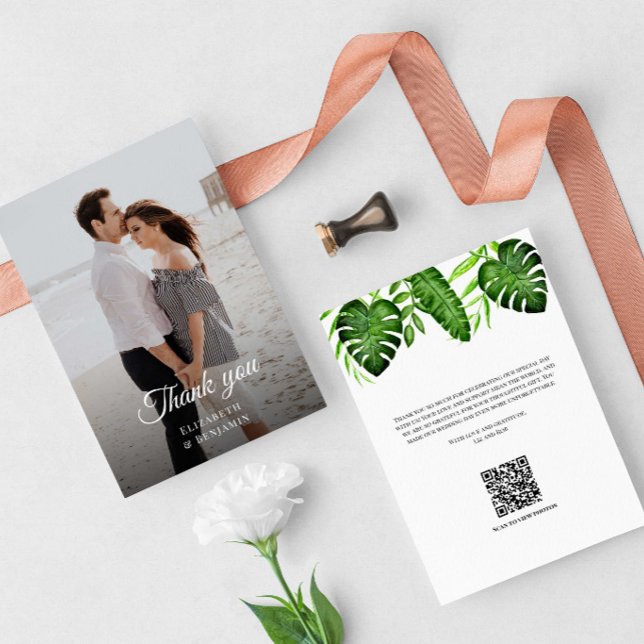 Wedding Photo Thank you Tropical Greenery QR Code Card (Creator Uploaded)