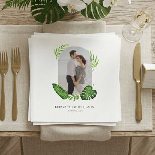 Wedding Photo Tropical Greenery Custom Name Date Napkins