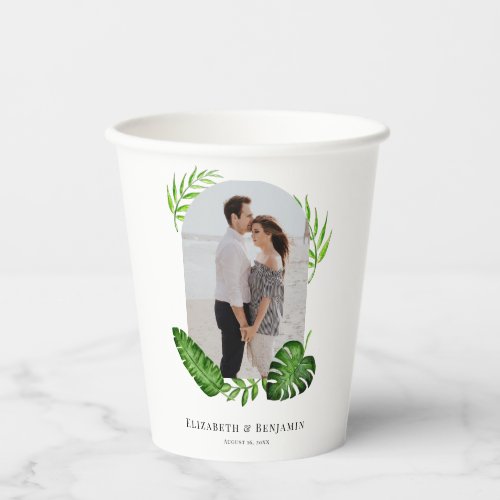 Wedding Photo Tropical Greenery Custom Name Date Paper Cups