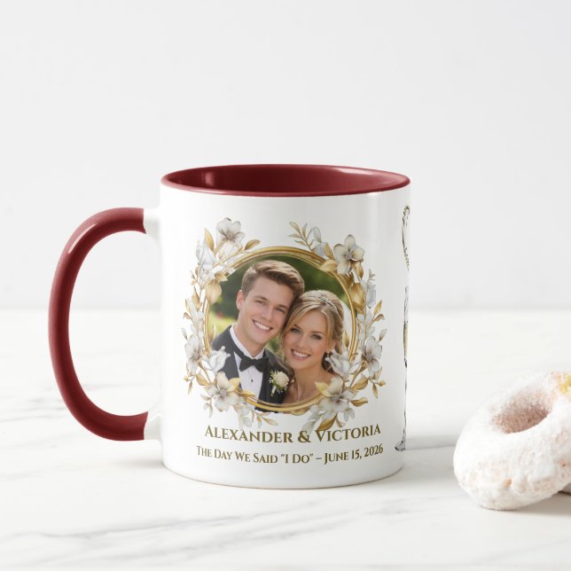 Wedding Photo Upload Personalized Mug, Anniversary Mug (With Donut)