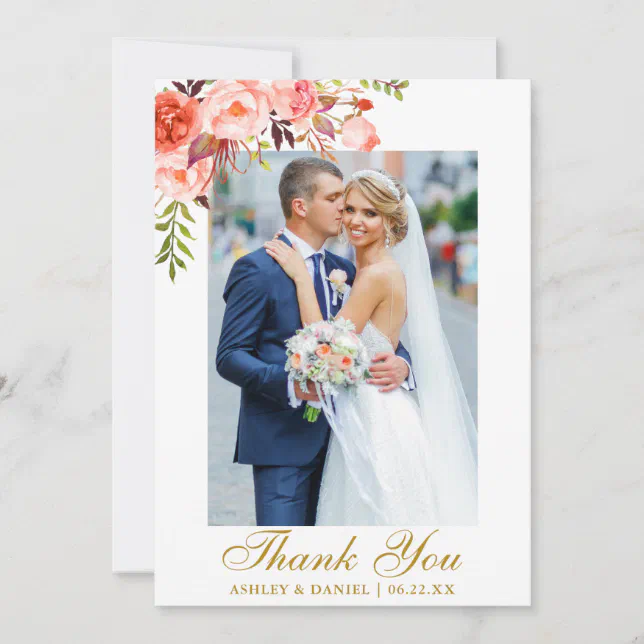 Wedding Photo Watercolor Coral Floral Gold Thank You Card | Zazzle