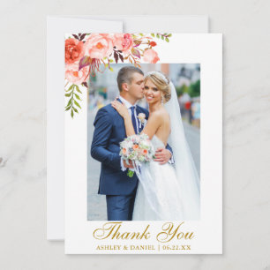 Wedding Photo Watercolor Coral Floral Gold Thank You Card