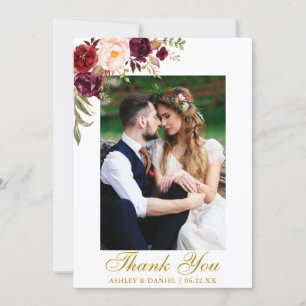 Wedding Photo Watercolor Floral Burgundy Gold Thank You Card