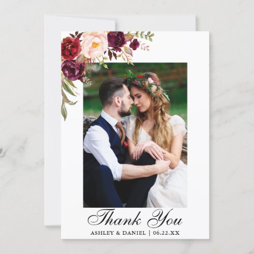 Wedding Photo Watercolor Floral Burgundy Thank You Card