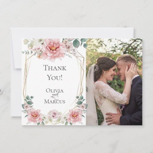 Wedding Photo  Watercolor Rosa Pink Peony Flowers Thank You Card
