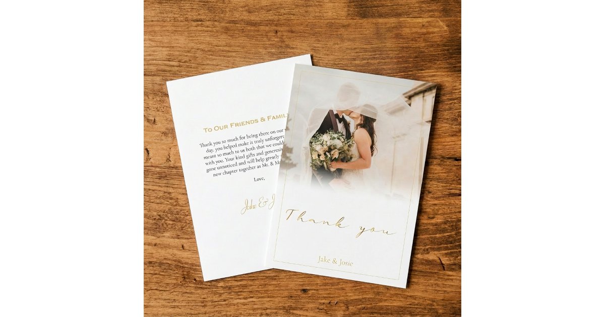 Wedding photo white gradient, gold script wedding thank you card | Zazzle
