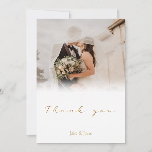 Wedding photo white gradient gold script wedding thank you card