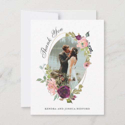 Wedding Photo With Burgundy and Blush Oval Frame Thank You Card