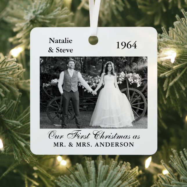 Wedding Photo Year Memory Retro Black and White Metal Ornament (Insitu)
