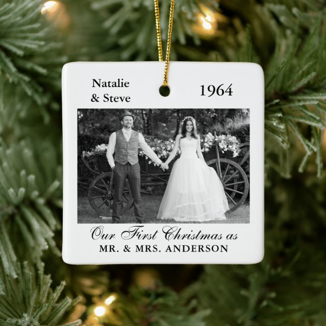Wedding Photo Year Retro Memory Black and White Ceramic Ornament (Tree)