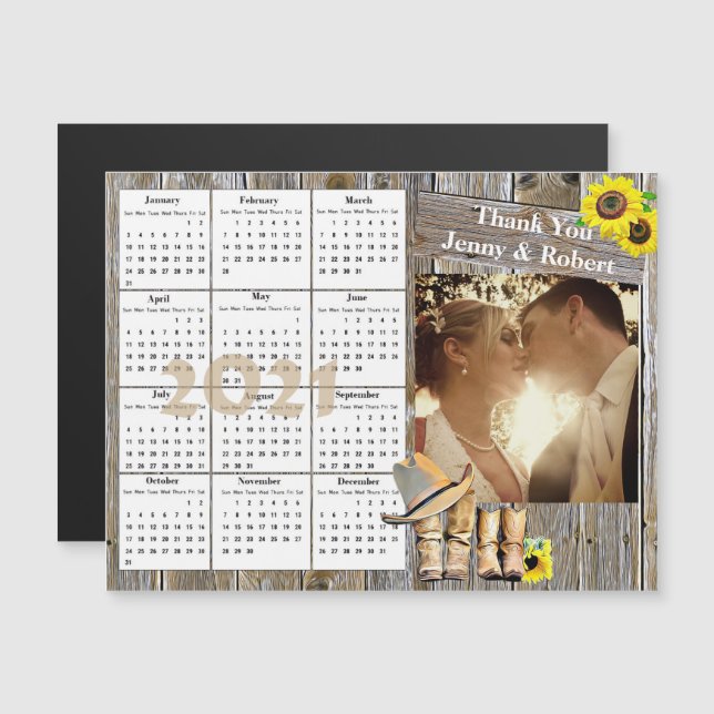 Wedding Photo Yellow Sunflowers Mini 2021 Calendar Magnetic Invitation (Front/Back)