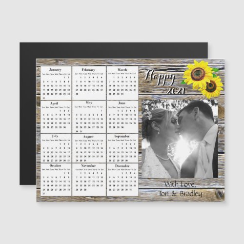 Wedding Photo Yellow Sunflowers Mini 2021 Calendar Magnetic Invitation