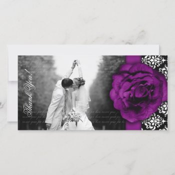 Wedding Photocard Purple Rose Damask Black White Thank You Card by WeddingShop88 at Zazzle