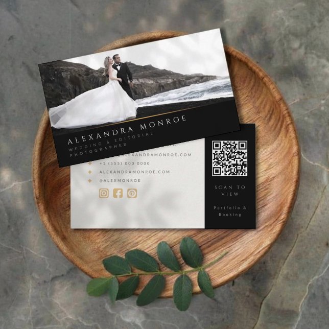 Wedding Photographer Black & Gold QR Code Business Card (Creator Uploaded)