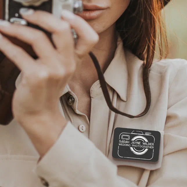 Wedding Photographer Camera Icon Black Name Tag | Zazzle