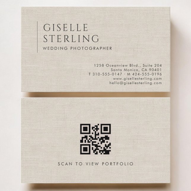 Wedding Photographer Luxury Neutral Linen QR Code Business Card (Creator Uploaded)
