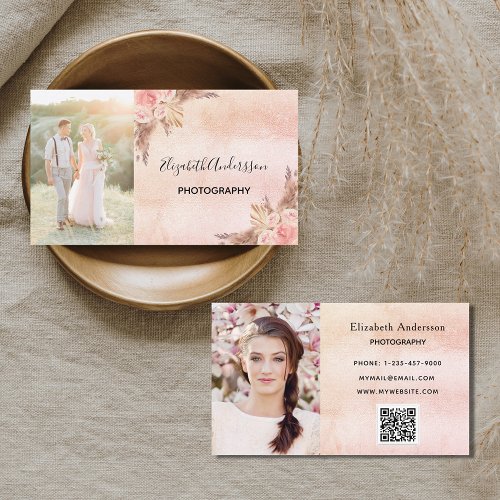 Wedding photographer pampas grass QR code Business Card