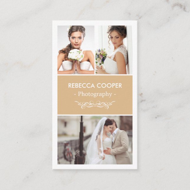 Wedding Photography Collage Elegant Toffee Color Business Card (Front)