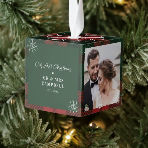 Wedding Photos Couples First Christmas Plaid Cube Ornament