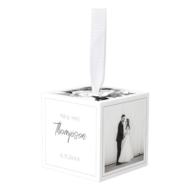 Wedding Photos Mr&Mrs NAME Modern Newlyweds Cube Ornament (Front Angled)