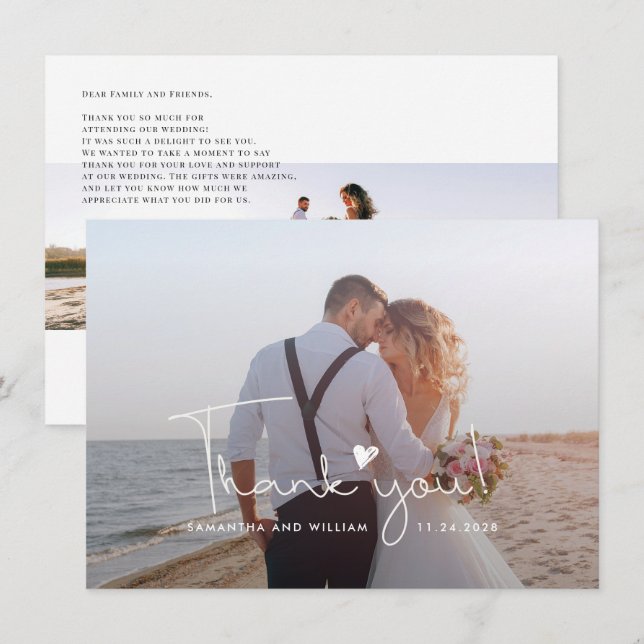 Wedding Photos Script Love Heart Thank You Card (Front/Back)