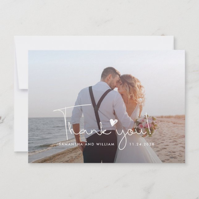 Wedding Photos Script Love Heart Thank You Card (Front)