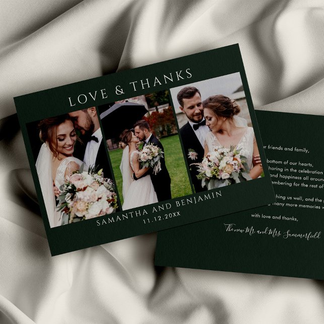 Wedding Photos Thank You Note Card (Love and Thanks Photo Collage Green Custom Thank You Note Card)