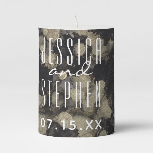 Wedding Pillar Candle Shades of Golds N Blacks (Front)