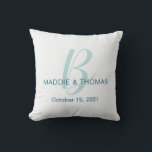 Wedding Pillow with Initial, Names and Date<br><div class="desc">This wedding throw pillow can be customized by changing the letter initial, names and date. You can also change the text color to match your wedding colors. The background is a soft off-white blue. If you would like a custom background color or if you need any help, please message us...</div>