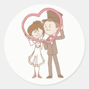 Wedding  Pink And Brown Cartoon Bride Groom Classic Round Sticker