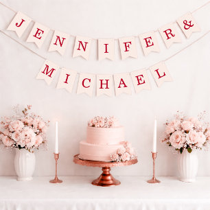 Wedding Pink and Red Bride and Groom Names Simple Bunting Flags