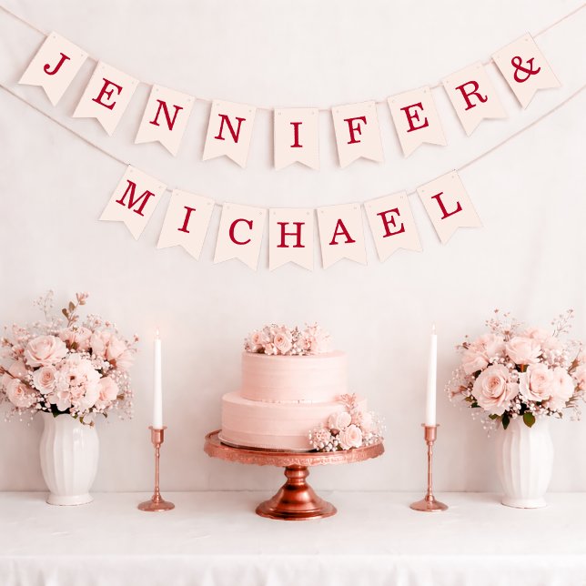 Wedding Pink and Red Bride and Groom Names Simple Bunting Flags (Creator Uploaded)