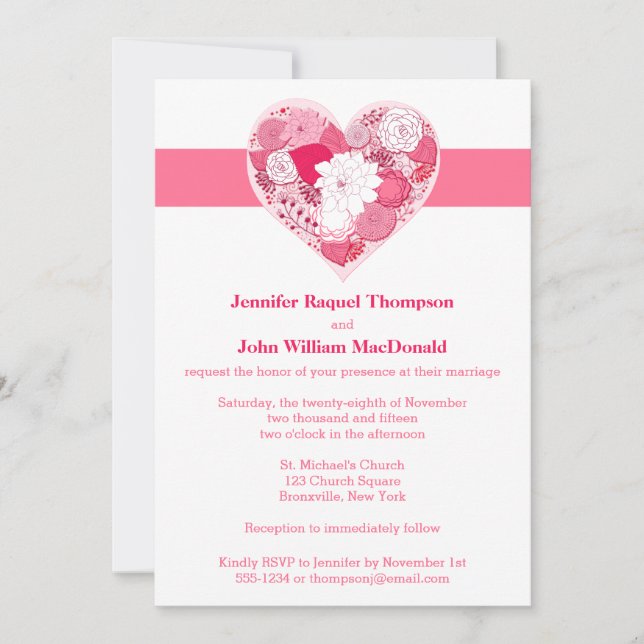 Wedding | Pink and White | Floral | Heart Invitation (Front)