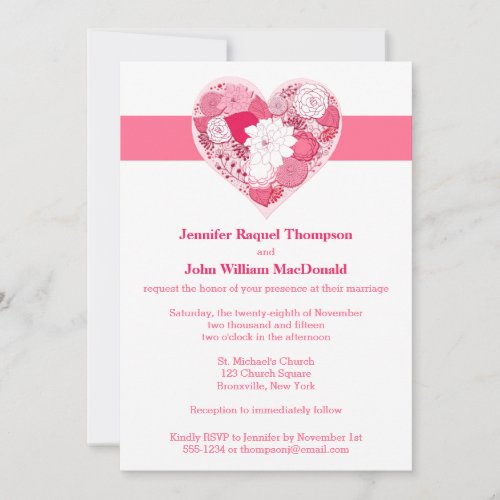 Wedding  Pink and White  Floral  Heart Invitation