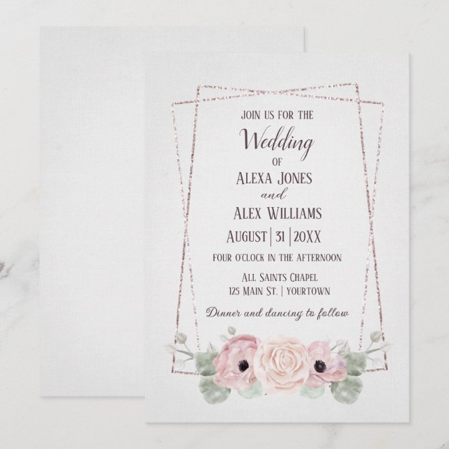Wedding Pink Anemone and Glitter Frame  Invitation (Front/Back)
