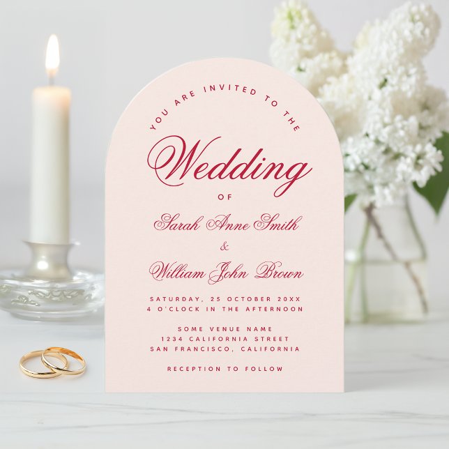 Wedding Pink Arch Red Script Simple Calligraphy  Invitation (Creator Uploaded)