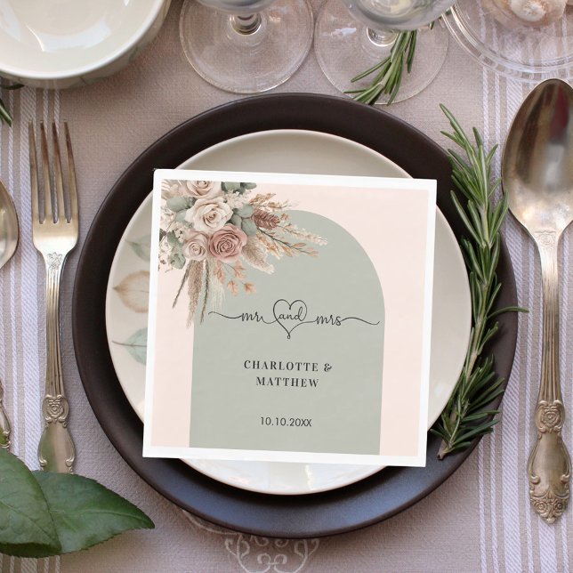 Wedding pink arch sage green mr mrs luncheon napkins (Creator Uploaded)