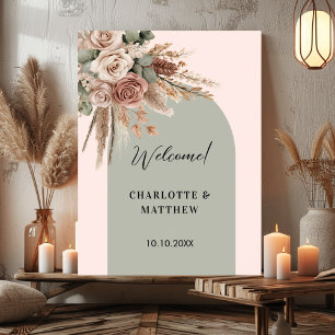 Wedding pink arch sage green taupe pampas roses poster