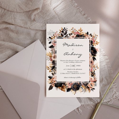 Wedding Pink Black  Gold Floral Frame Invitation