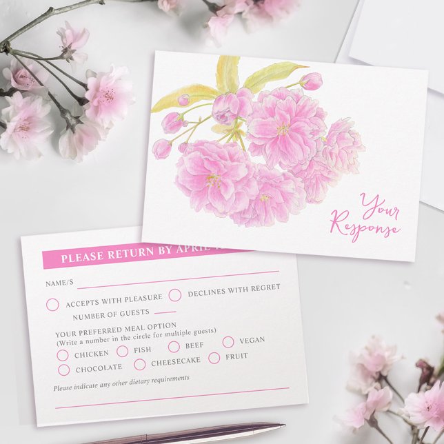 Wedding pink blossom wildflower floral watercolor  RSVP card (Creator Uploaded)