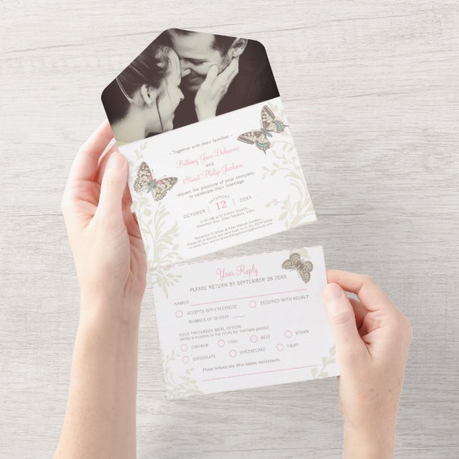 Wedding pink brown butterflies photo meal RSVP All In One Invitation (Tearaway)