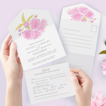 Wedding Pink Cherry Blossom Watercolor Meal Rsvp All In One Invitation by mylittleedenweddings at Zazzle