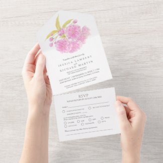Wedding pink cherry blossom watercolor meal RSVP All In One Invitation