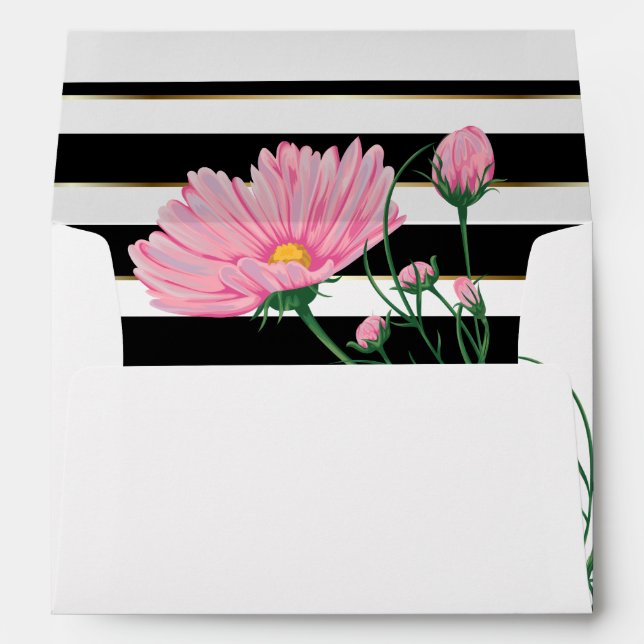Wedding Pink Chrysanthemum Black White Stripes Envelope (Back (Bottom))